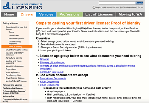 Image of the Washington State Department of Licensing identification requirements website