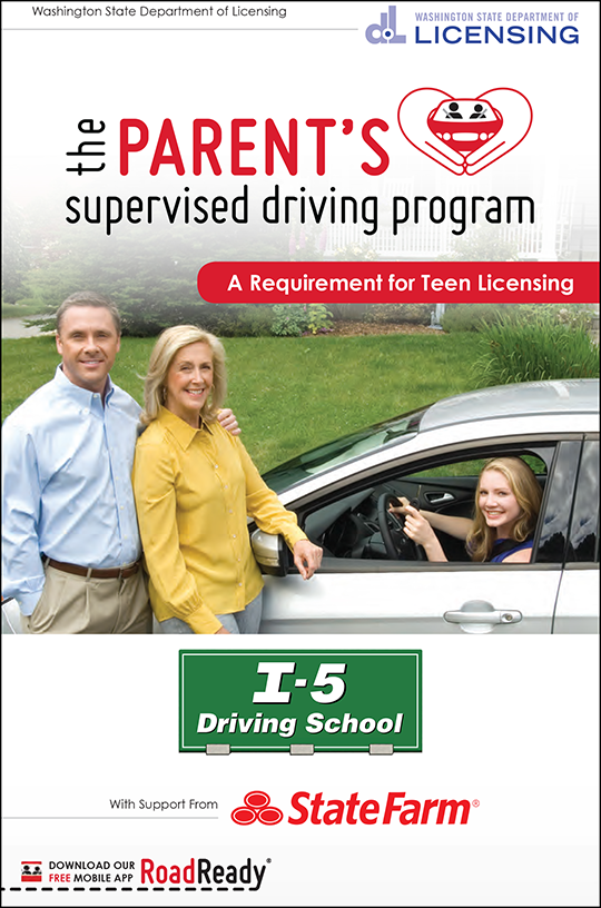 Cover of a parent's driving program: parents beside a car with a teen driver, with logo of I-5 Driving School and State Farm.