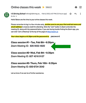 Email with online class Zoom meeting IDs. Arrow points to first ID: 826 9053 4820.