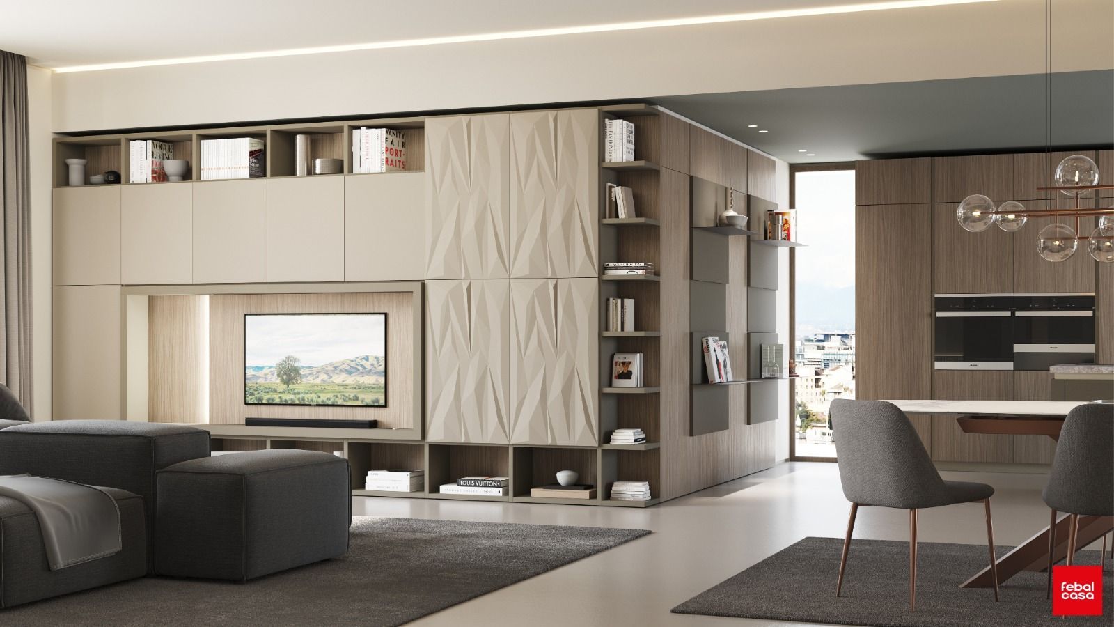 Un soggiorno moderno con un grande mobile a parete, una TV montata a soffitto, scaffalature integrate e una zona pranzo con sedie grigie.