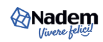 Logo per Nadem con un'icona a forma di cubo geometrico blu a sinistra del testo nero "Nadem" e della scritta blu in corsivo "Vivere felici!".