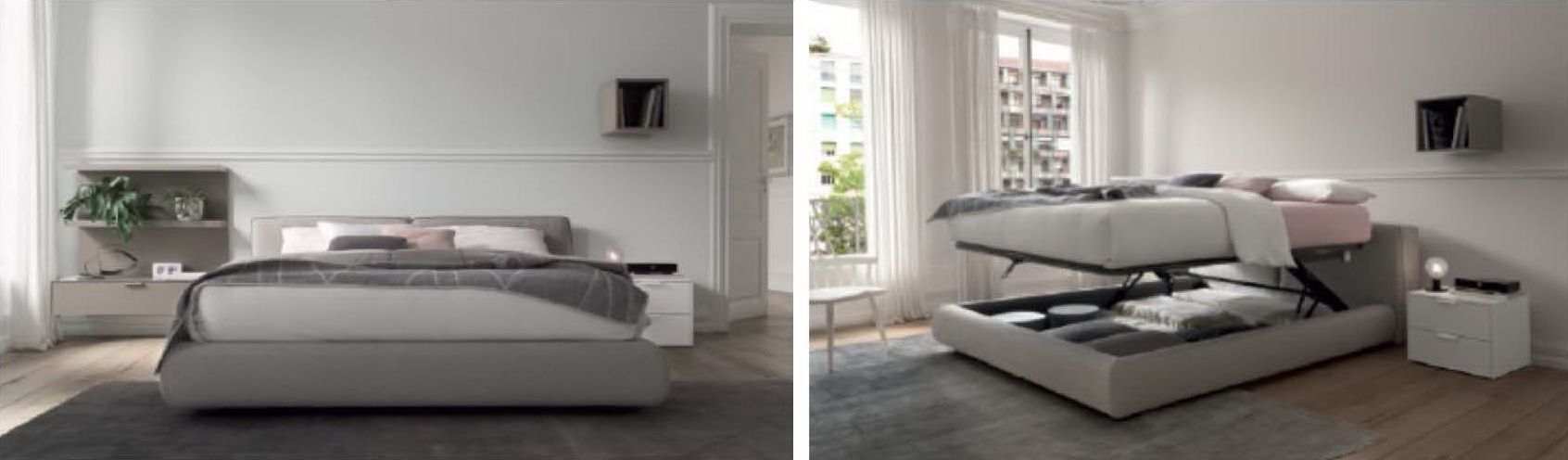Due immagini di un letto imbottito grigio in una stanza luminosa, che lo mostrano chiuso e sollevato per rivelare lo spazio contenitore interno.