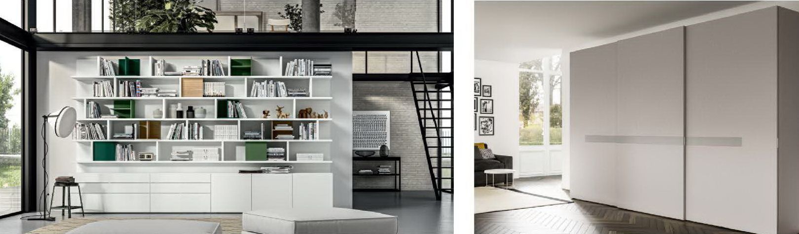 Due esempi di interior design: una libreria a muro bianca e un armadio moderno ed elegante dai colori chiari.