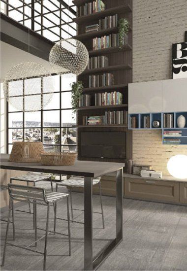 Un soggiorno moderno con una libreria alta, un tavolo da bar, sedie in stile industriale e una parete in mattoni bianchi.