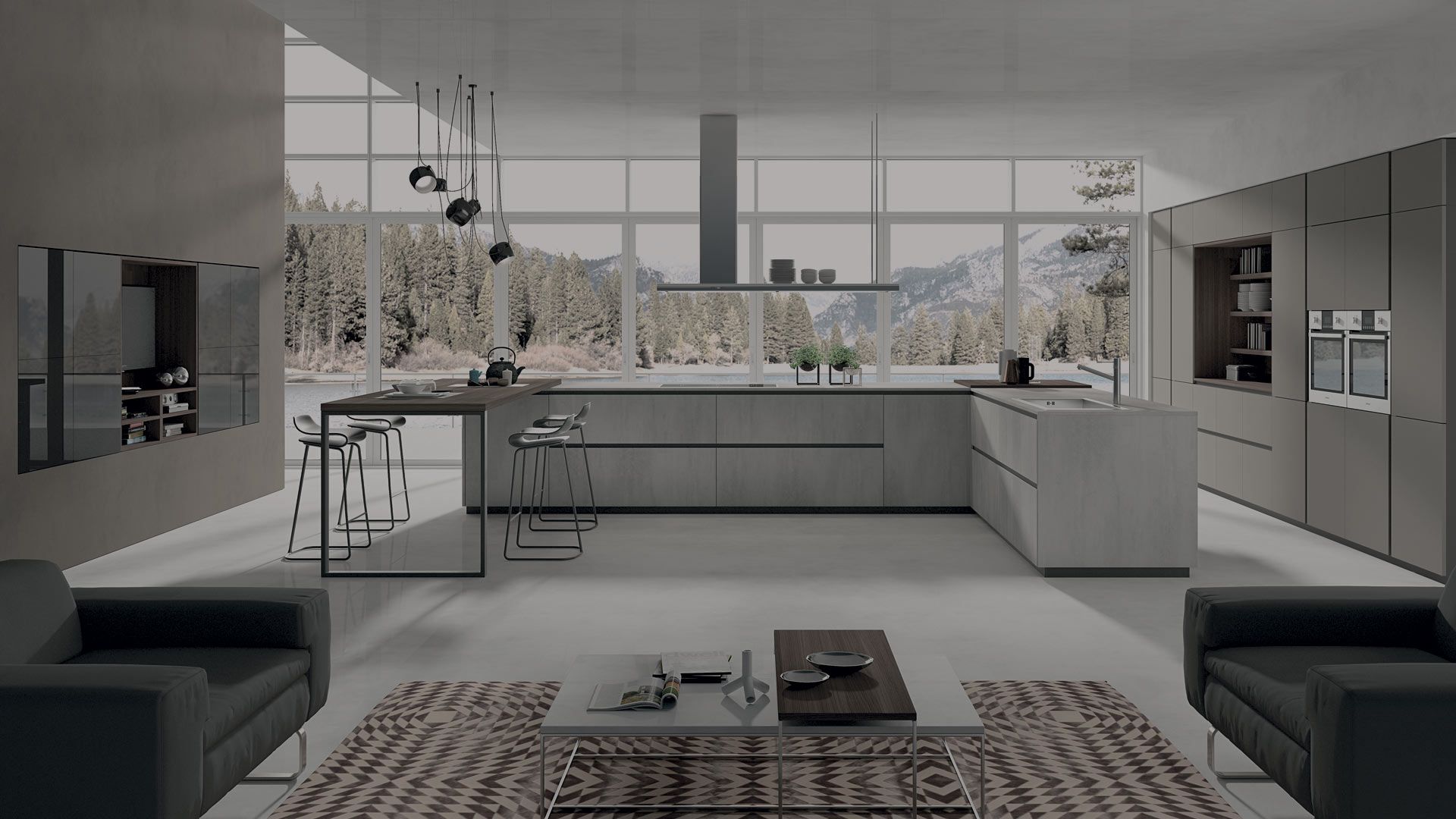 Una cucina moderna e minimalista con un'ampia isola e bancone per la colazione, zona giorno a pianta aperta e finestre a tutta altezza.