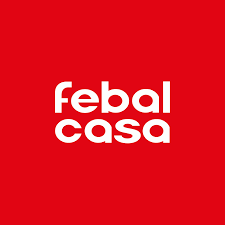 Il logo di Febal Casa con testo bianco, arrotondato e minuscolo su sfondo rosso tinta unita.