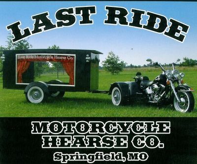 Last Ride Motorcycle Hearse Co. trailer with motorcycle, Springfield, MO, on a grassy field