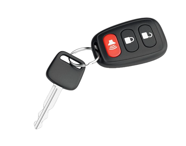 Una llave de coche con un mando a distancia adjunto sobre un fondo blanco.