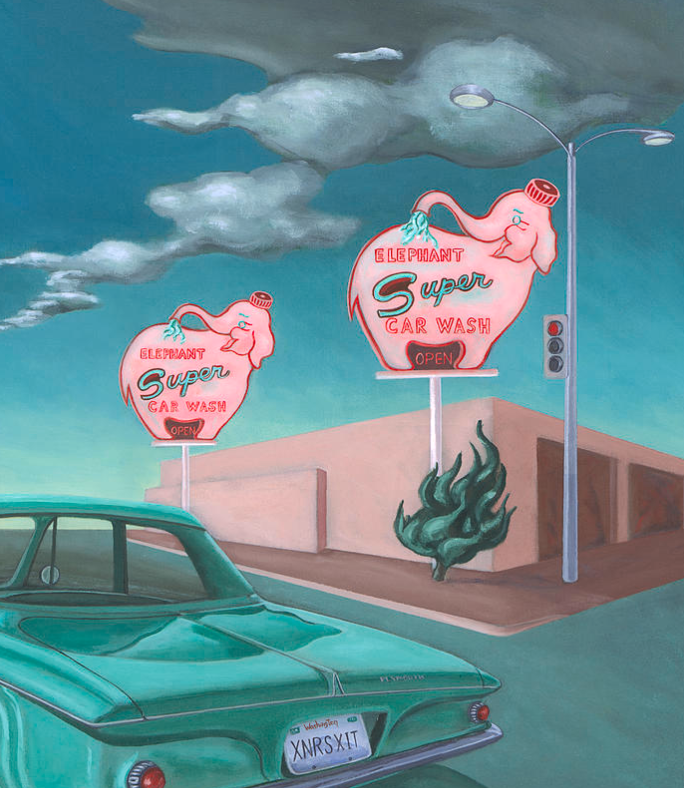 By the mid 90s, Seattle's Elephant Car Wash was more than just a place to clean your car—it was a cultural icon. Our pink elephant sign became one of the city's most photographed landmarks and appeared in various media, including a 1995 Land Rover commercial, cartoons, and fine art. The cheerful elephant spraying itself with water captured the imagination of many and spread our quirky charm nationwide using various media channels.