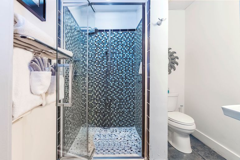 a bathroom with a toilet and a walk in shower .