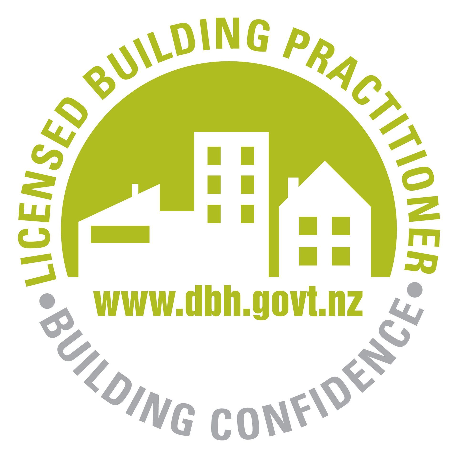 The Licensed Building Practitioner logo featuring a lime green semi-circle with building silhouettes and text.