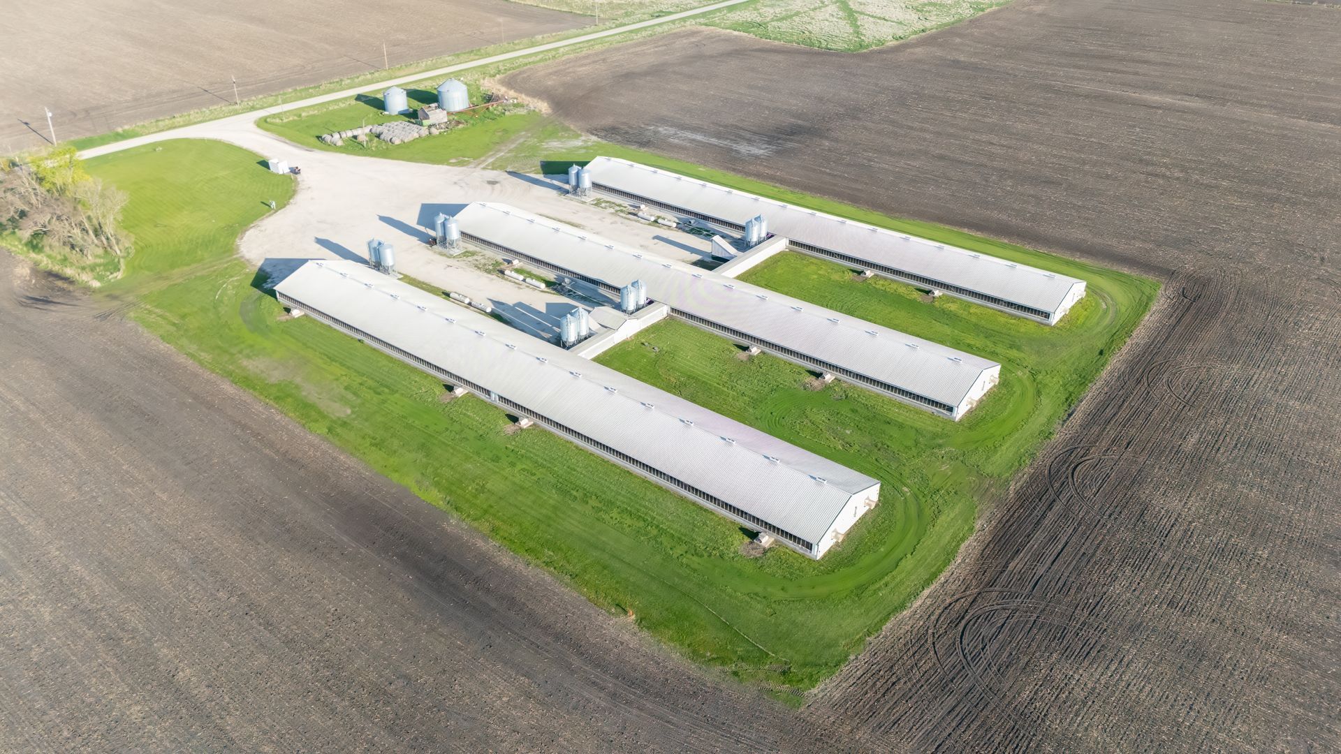 Vue aérienne d'une ferme avec quatre longs bâtiments, des zones herbeuses et des champs environnants.