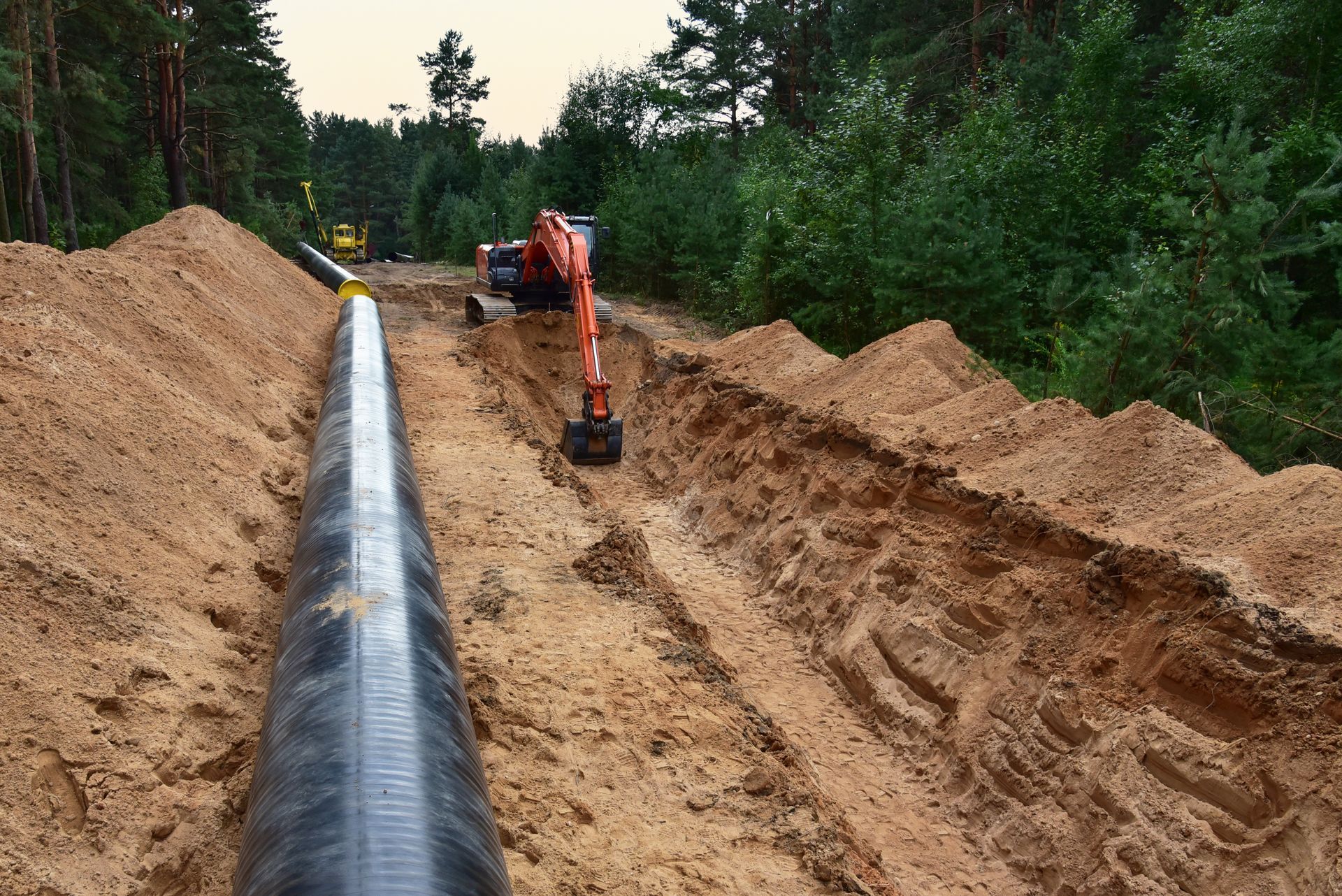Construction d'un pipeline en forêt. Une pelle mécanique travaille dans une tranchée à côté d'un gros tuyau noir, avec des tas de terre de part et d'autre.