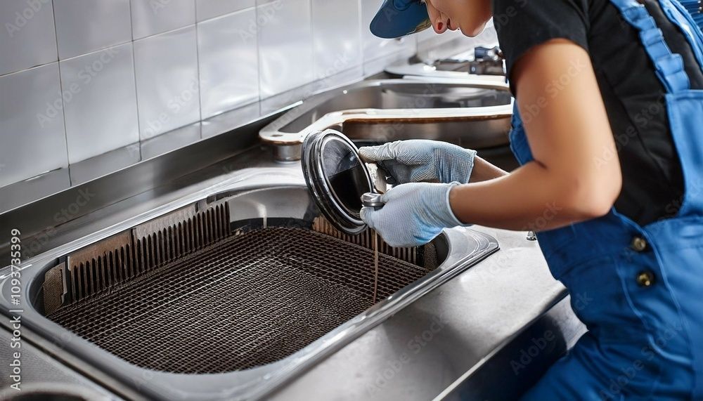A woman in blue overalls is cleaning a sink in a kitchen.