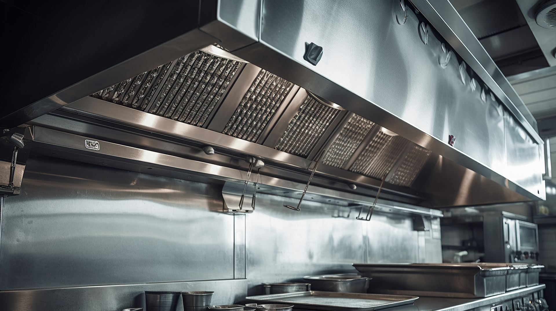 Stainless steel commercial kitchen exhaust hood.