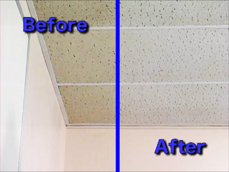 A before and after picture of a tiled ceiling