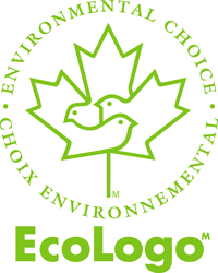A green environmental choice logo with a maple leaf and two birds