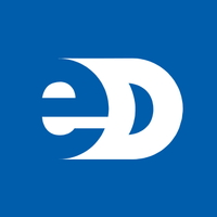 A white letter e on a blue background