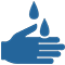 A blue icon of a hand with water drops on it.
