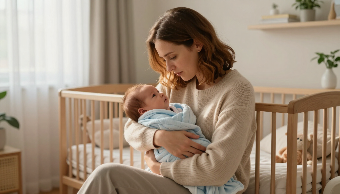 A mother holding her baby at home after NICU discharge.