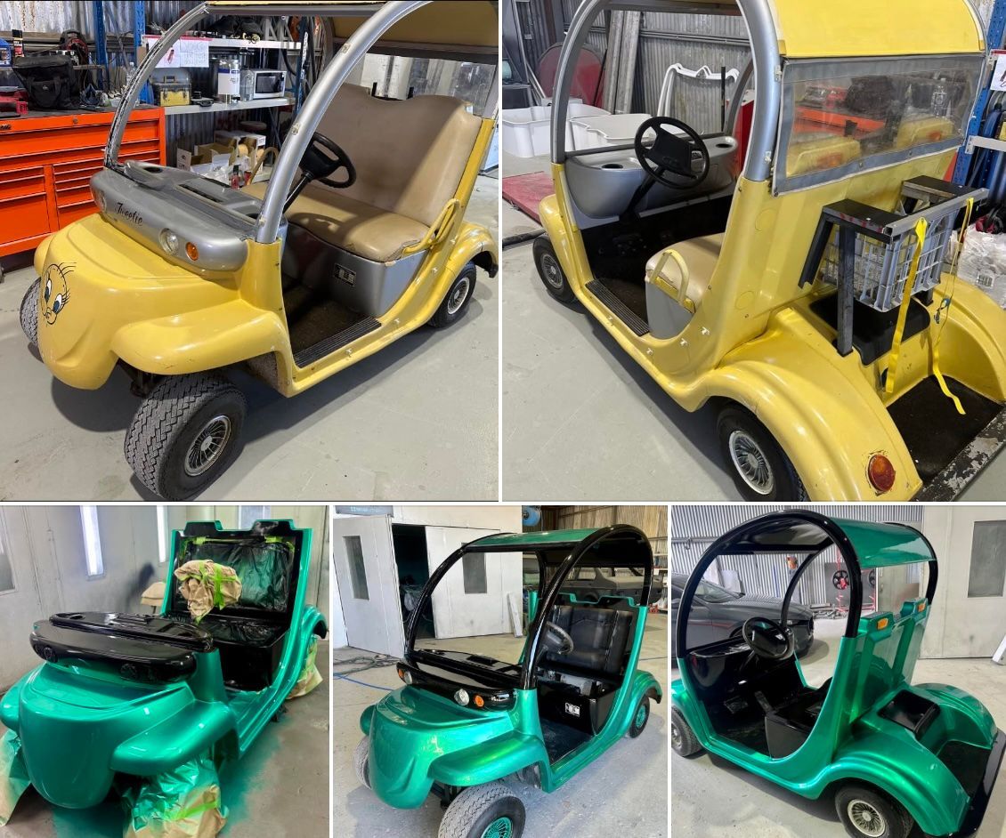 A collage of four pictures of a yellow and green golf cart