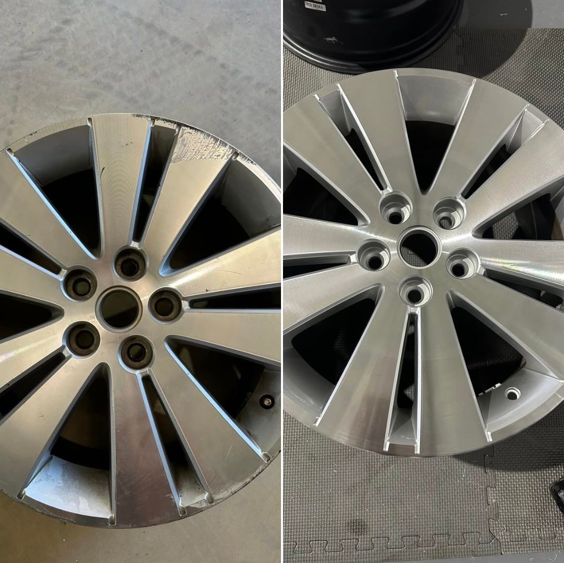 A before and after photo of a car wheel