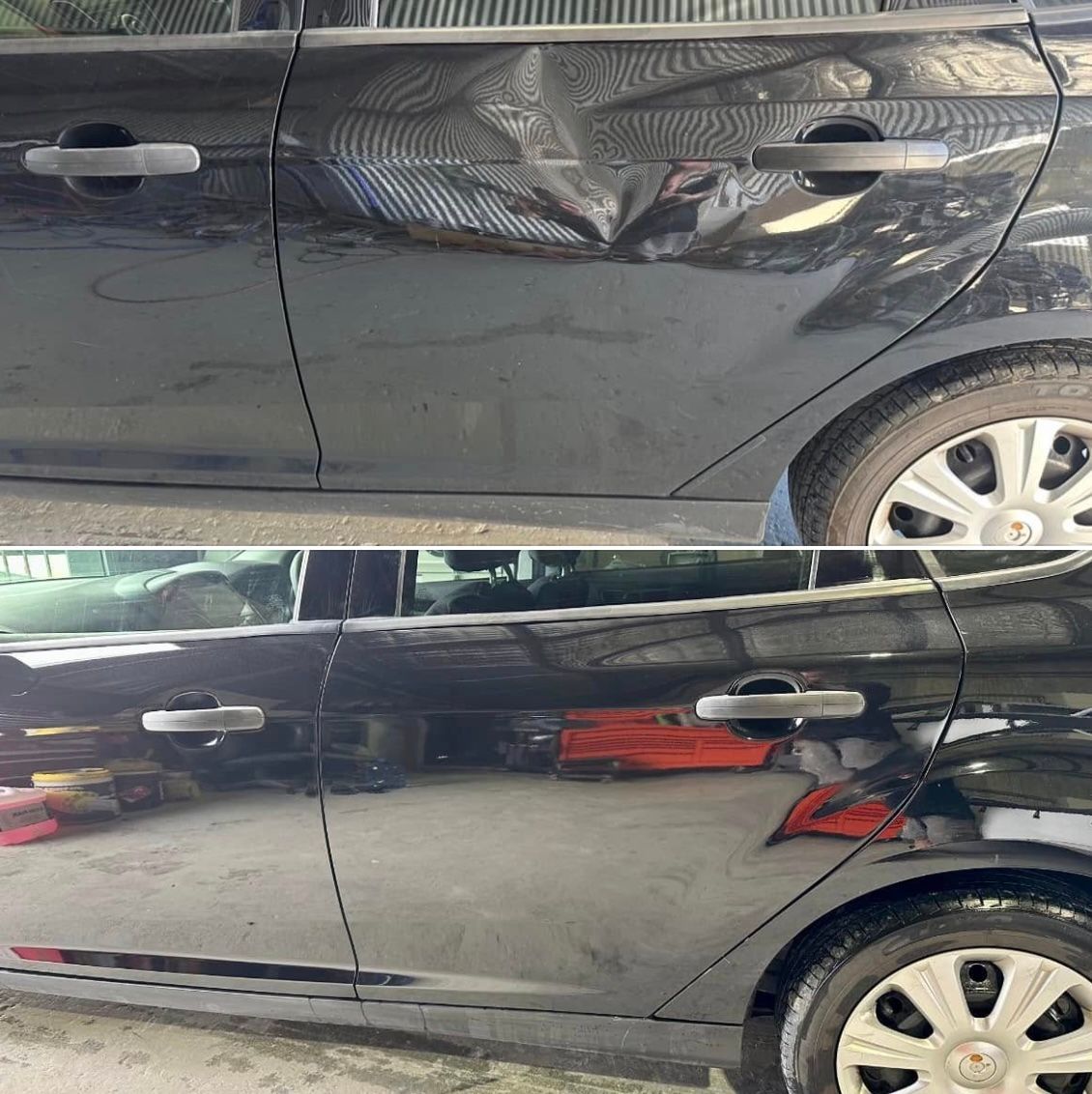 A before and after picture of a black car with a damaged door.