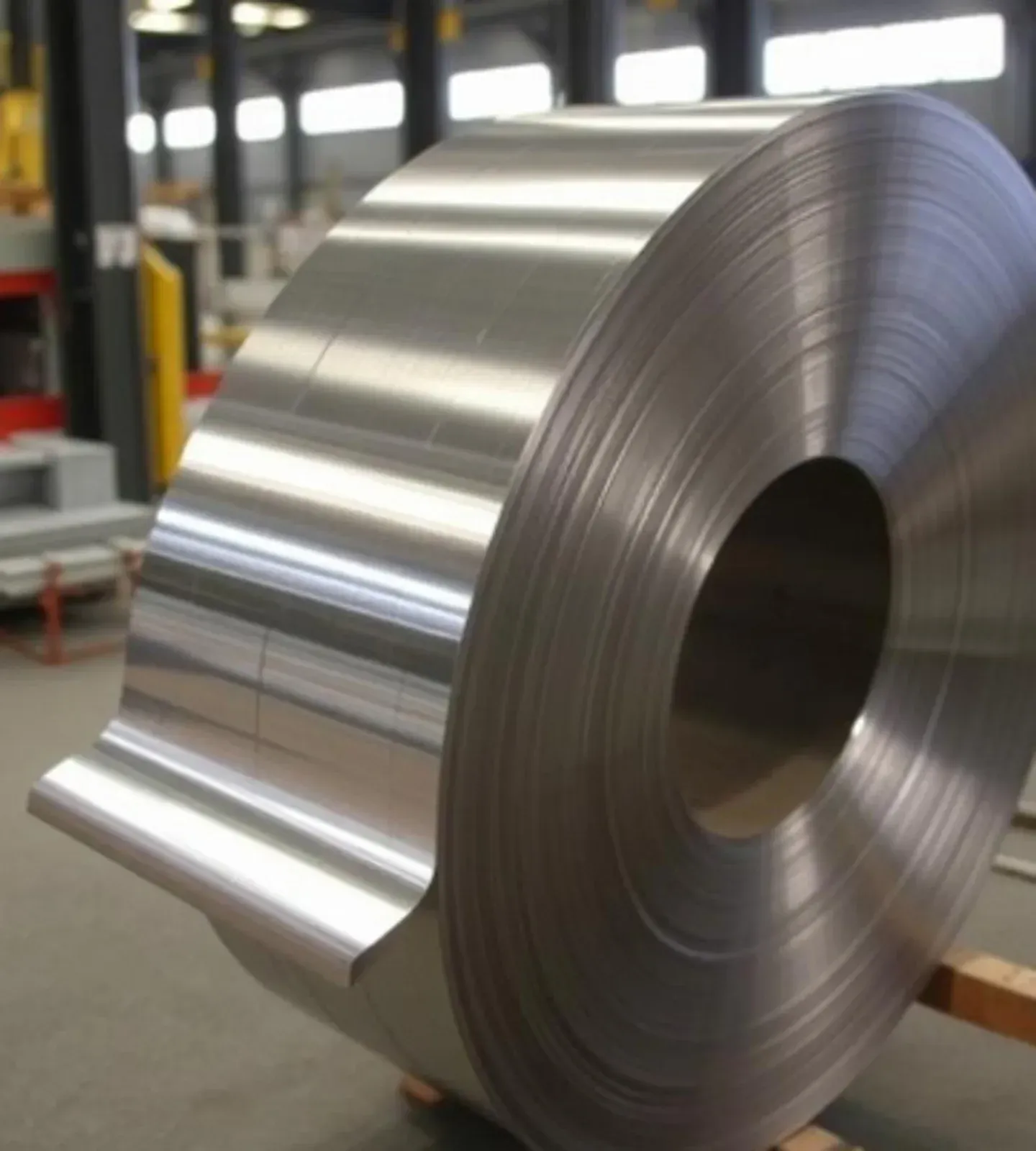 A large, reflective metal coil sits on a wooden pallet inside a spacious industrial factory setting.