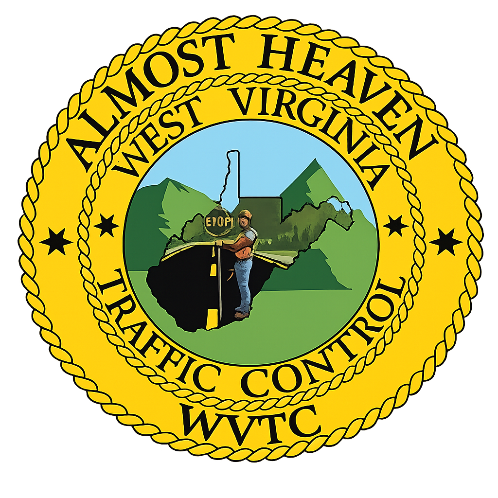 West Virginia Traffic Control emblem with road worker, mountains, and a yellow rope border