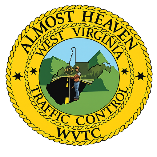 West Virginia Traffic Control emblem with road worker, mountains, and a yellow rope border