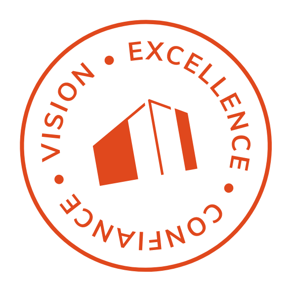 Logo circulaire orange avec le texte « VISION • EXCELLENCE • CONFIDENCE » autour d'un bâtiment abstrait.