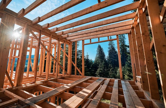 Construction d'une maison à ossature bois, la forêt étant visible à travers les ouvertures. Journée ensoleillée.