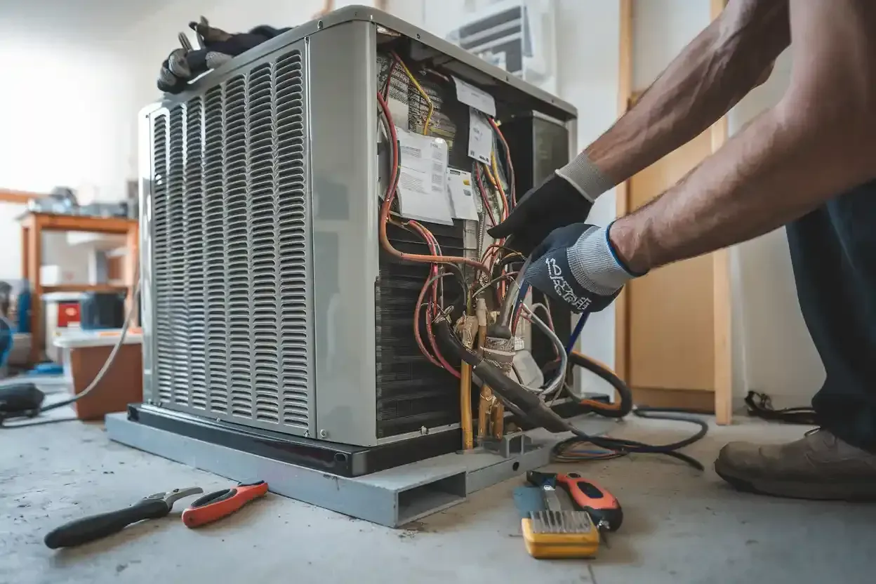 Technician repairing an outdoor HVAC unit with tools and exposed wiring