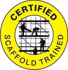 A yellow sign that says certified scaffold trained