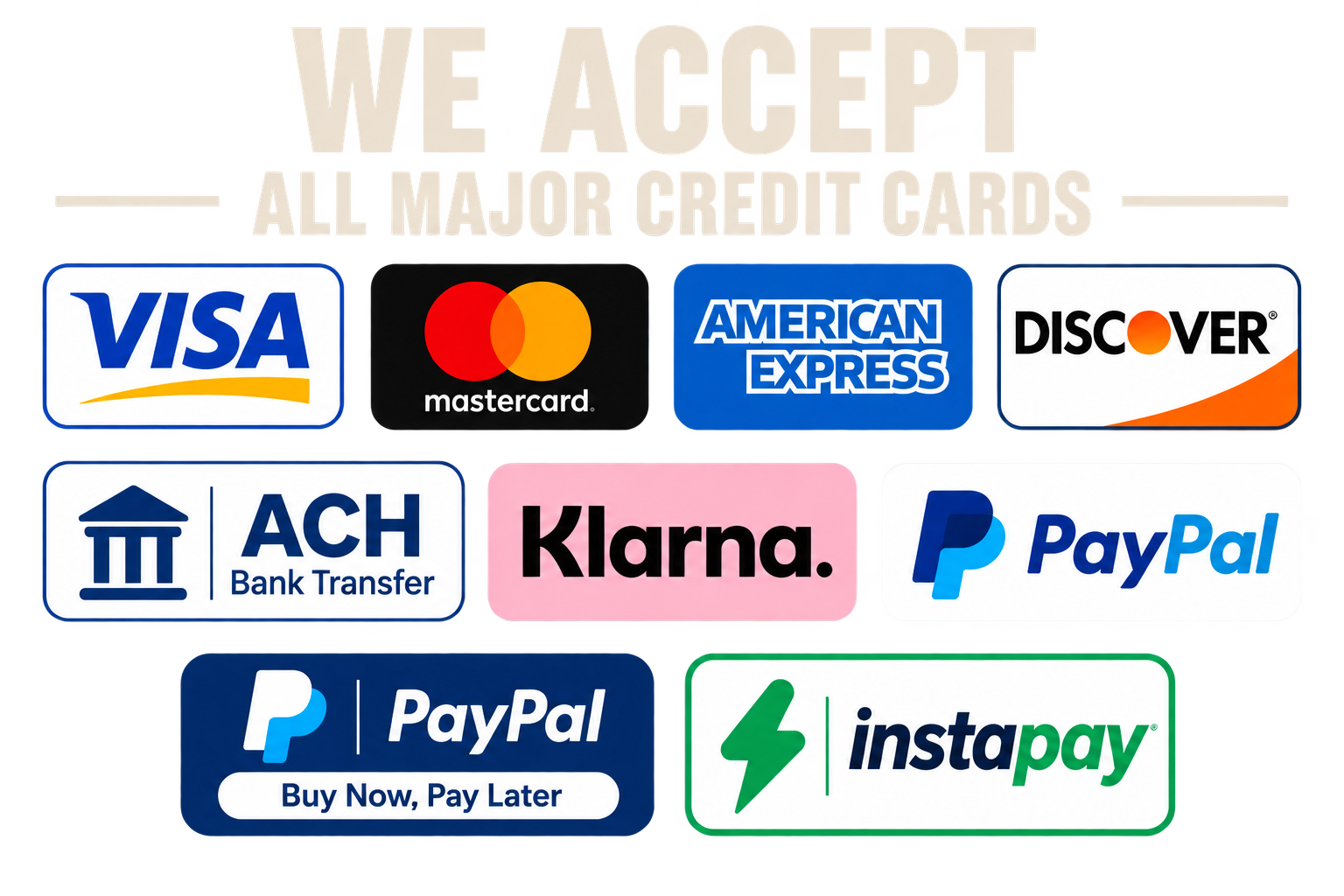 Payment logos showing accepted credit cards, ACH bank transfer, Klarna, PayPal, and Instapay.