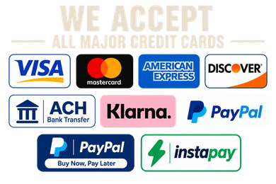 Payment logos showing accepted credit cards, ACH bank transfer, Klarna, PayPal, and Instapay.