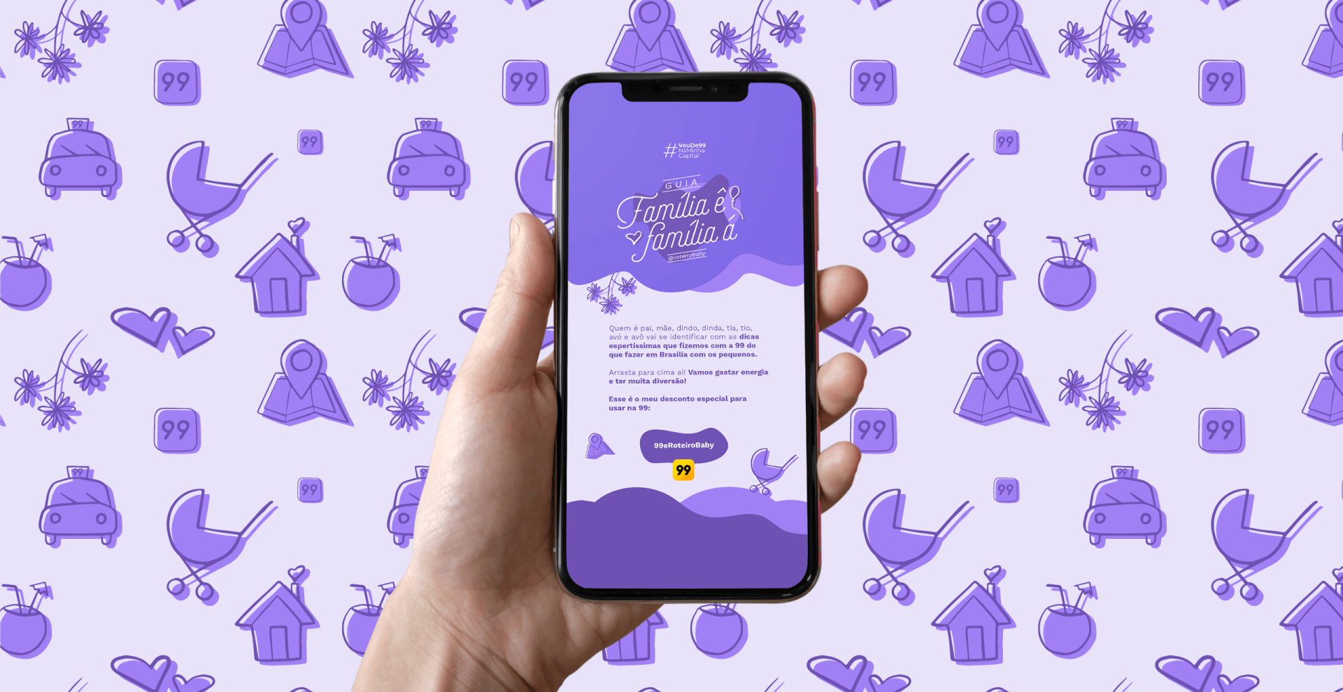 Uma pessoa está segurando um celular em frente a um fundo roxo.