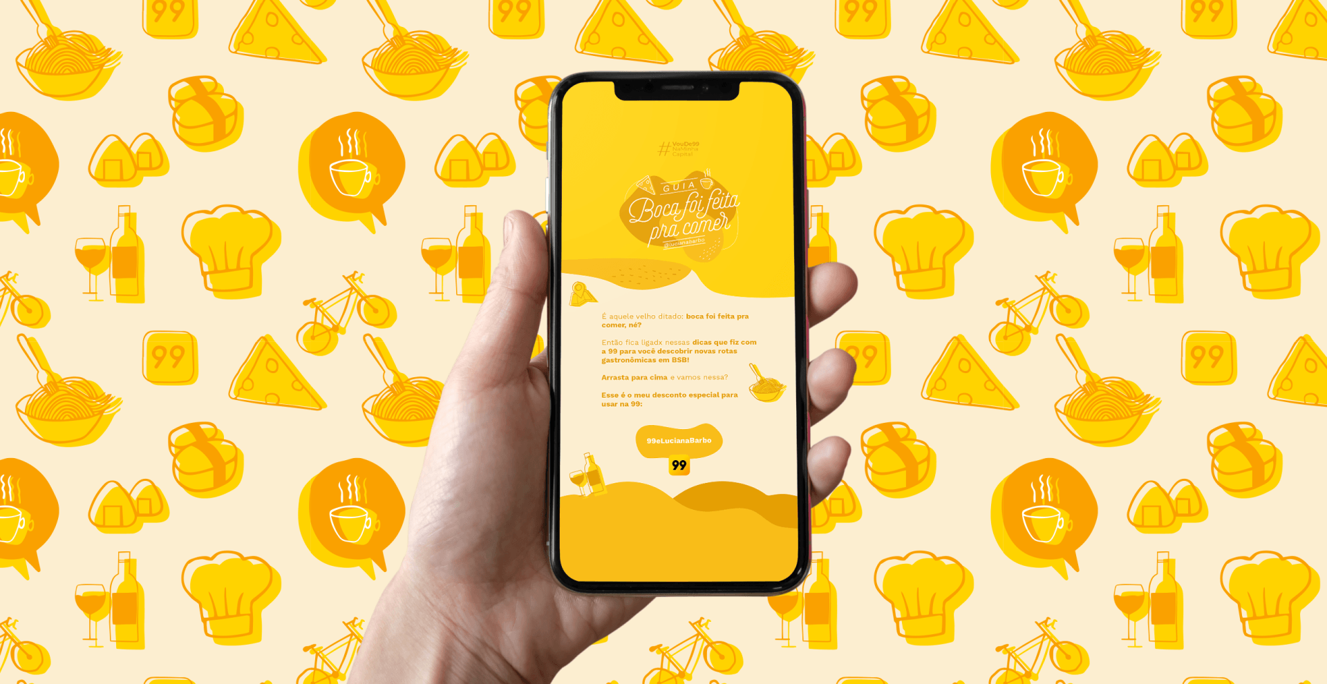 Uma pessoa está segurando um celular com fundo amarelo.