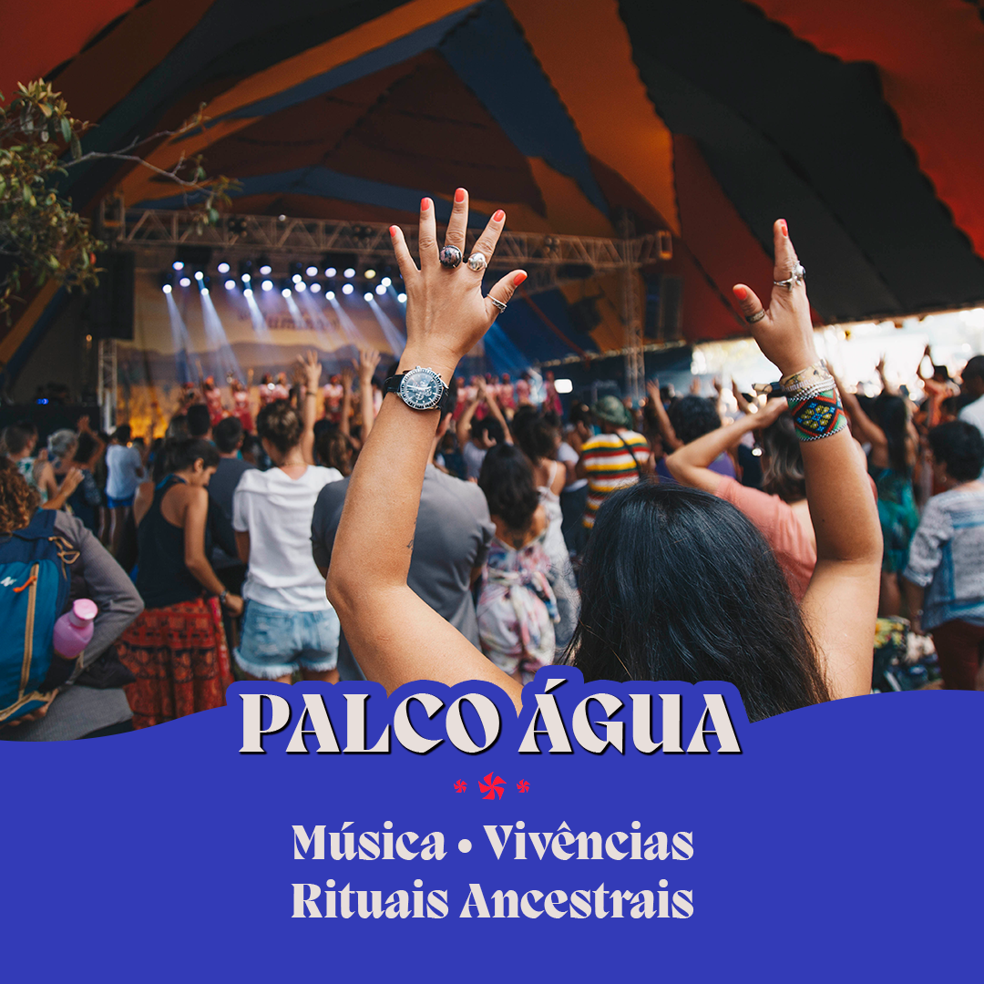 Um cartaz para o palco agua com uma mulher levantando as mãos no ar