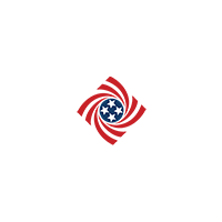 Um logotipo vermelho, branco e azul com um redemoinho e estrelas em um fundo branco.