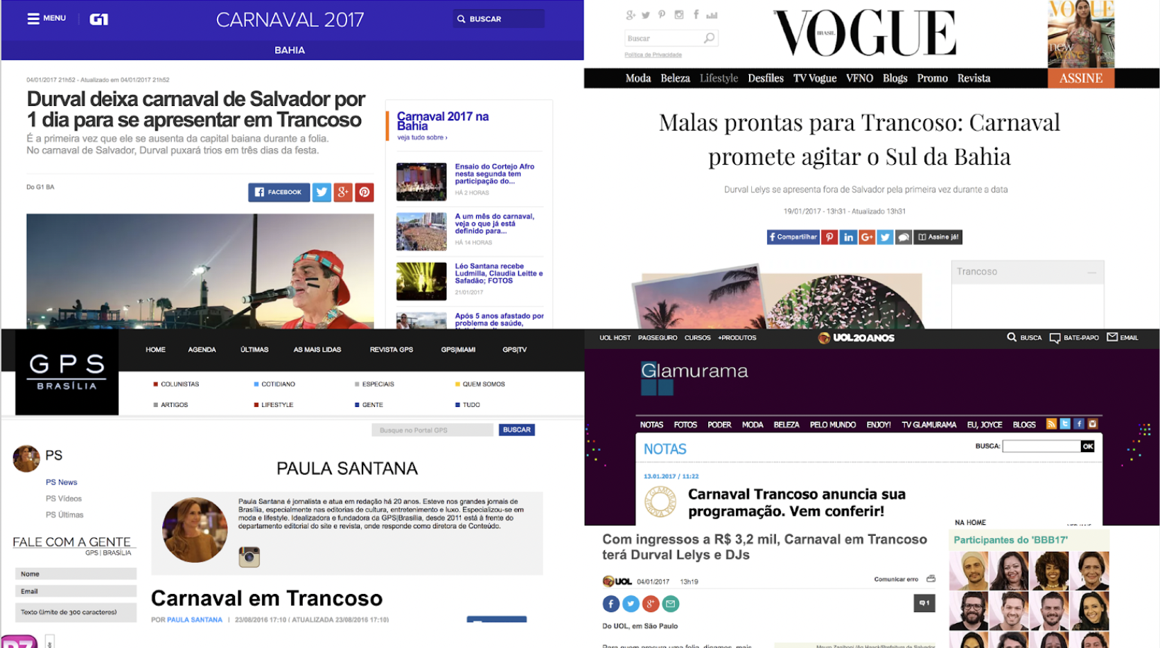 Uma colagem de quatro sites diferentes, incluindo a Vogue