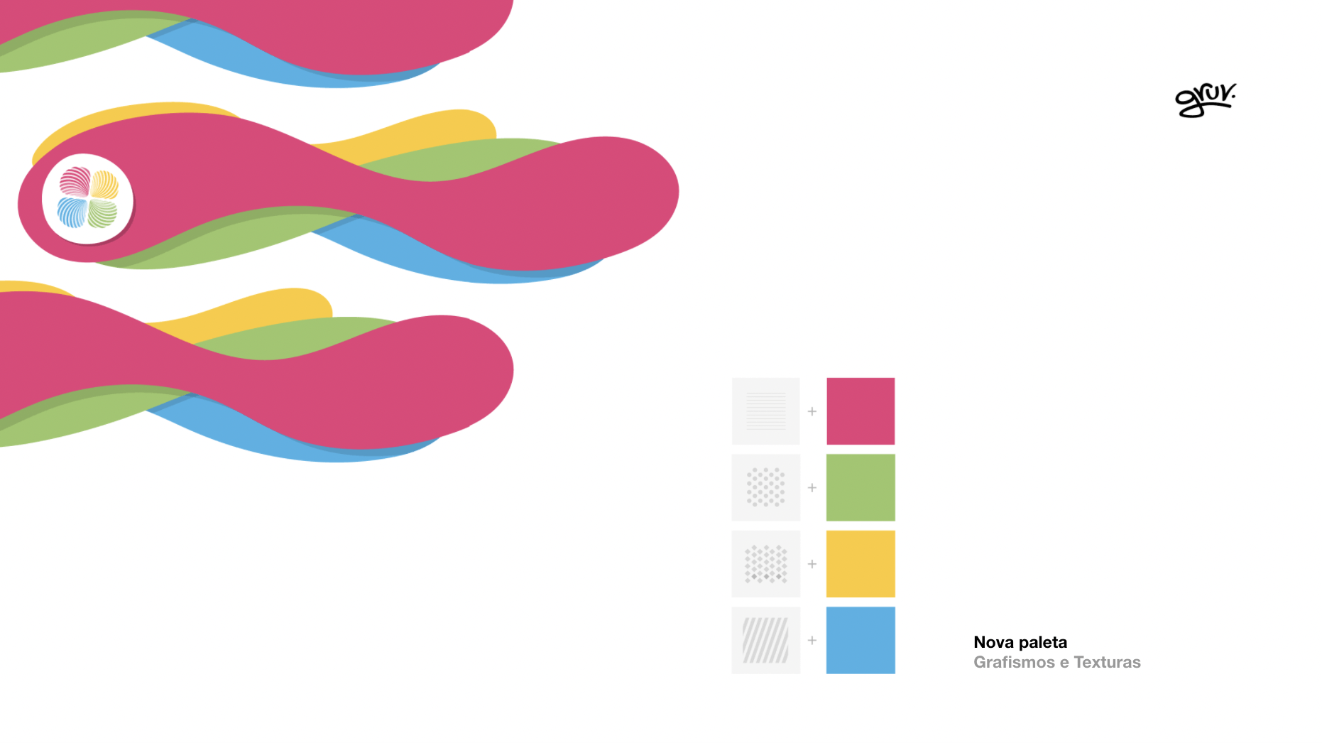 Um logotipo colorido com um arco-íris de cores em um fundo branco.