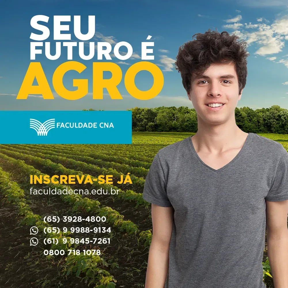 Um homem está em frente a um campo com as palavras seu futuro e agro
