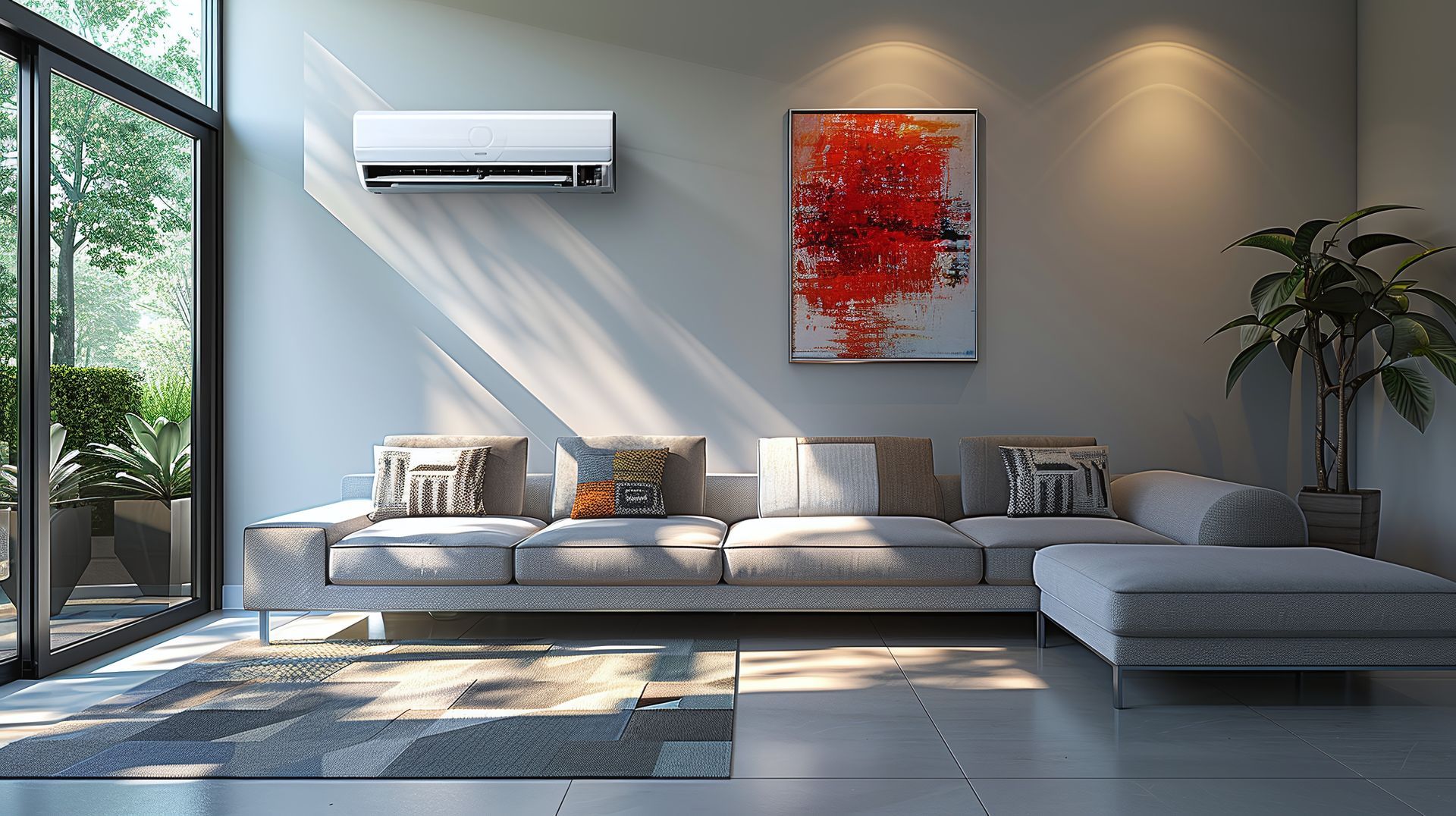 A living room with a couch and a air conditioner on the wall.