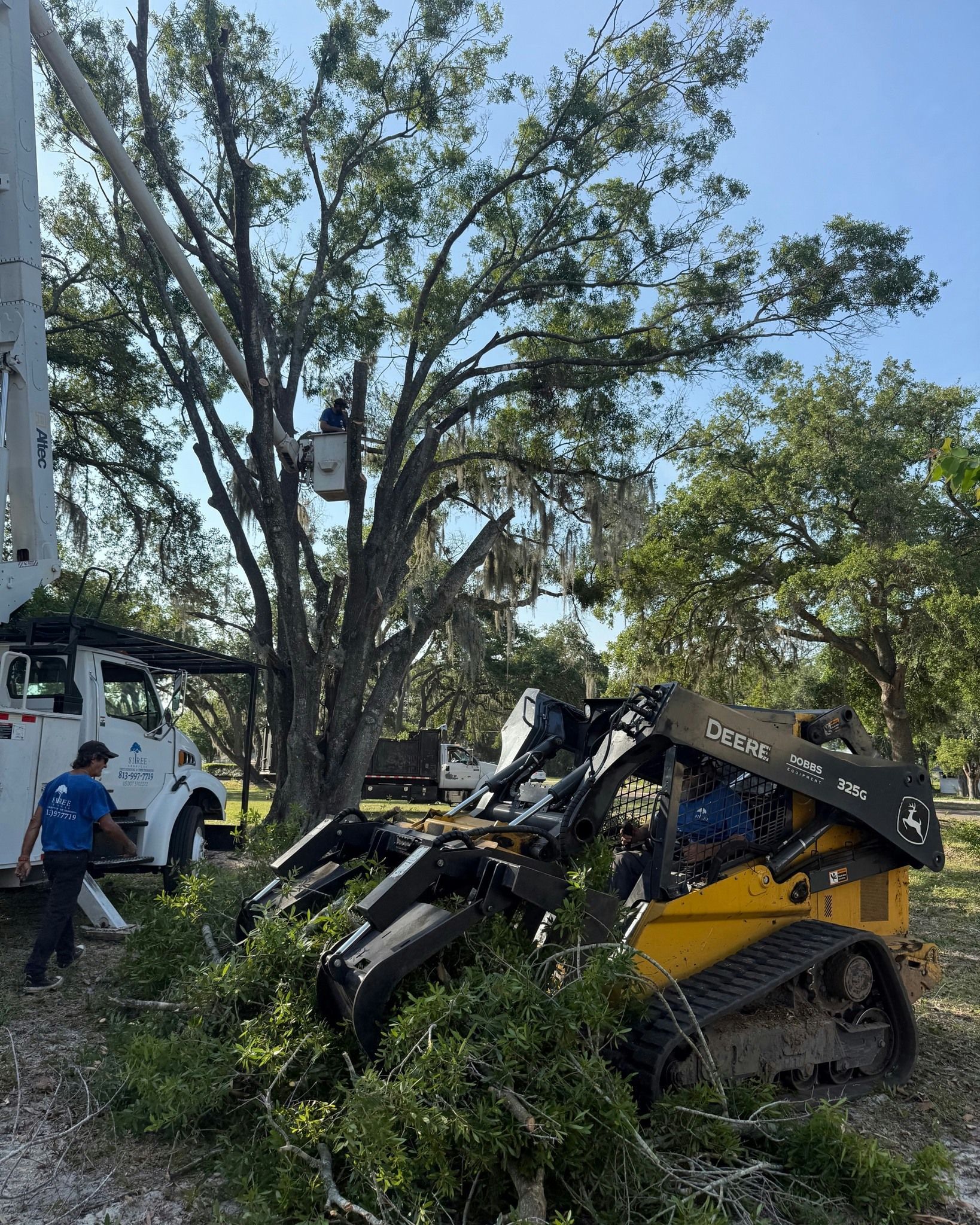 Workers beside a yellow skid steer overturned in a grassy roadside area under trees