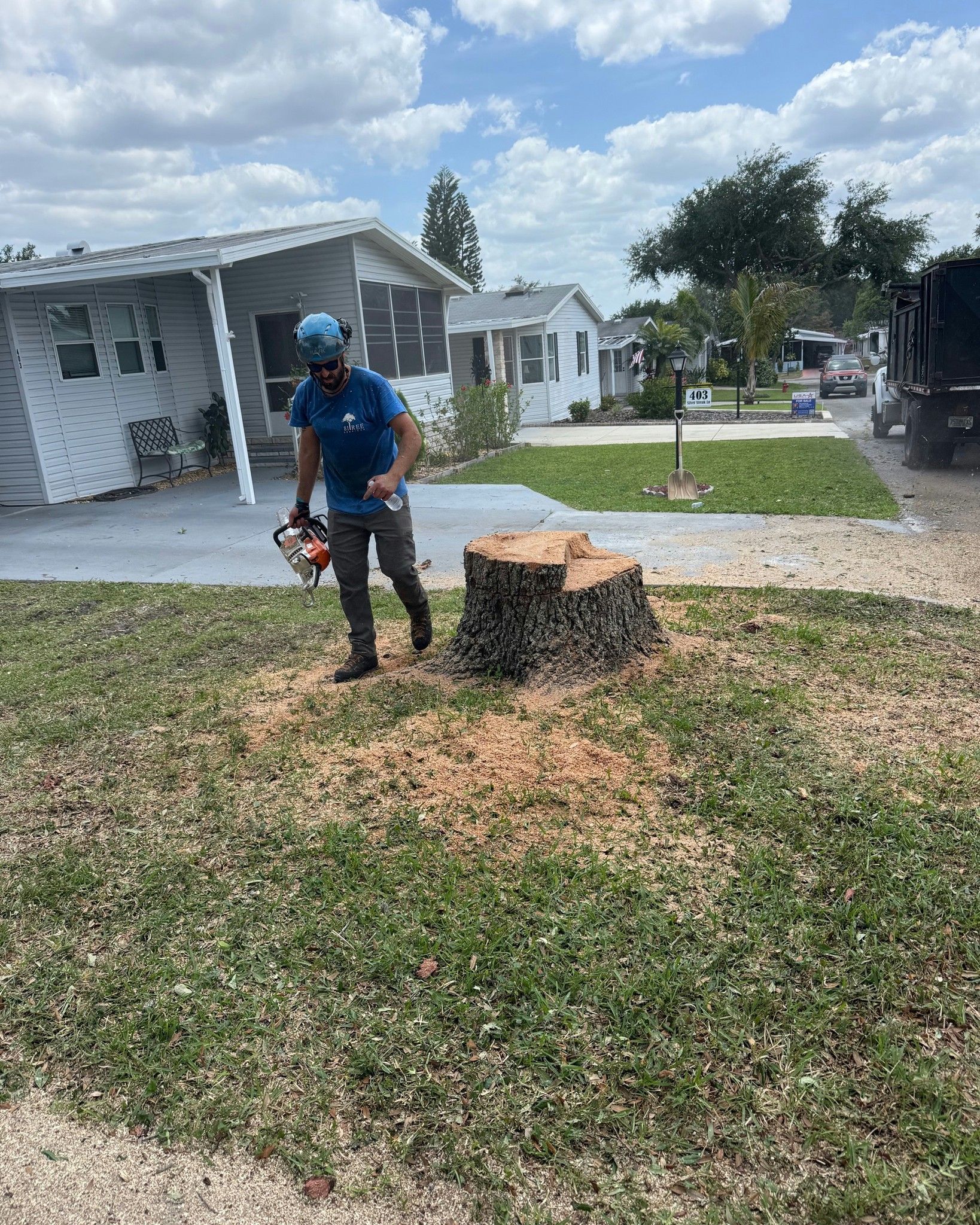 Worker in blue helmet clearing a tree stump in a front yard beside a white house.