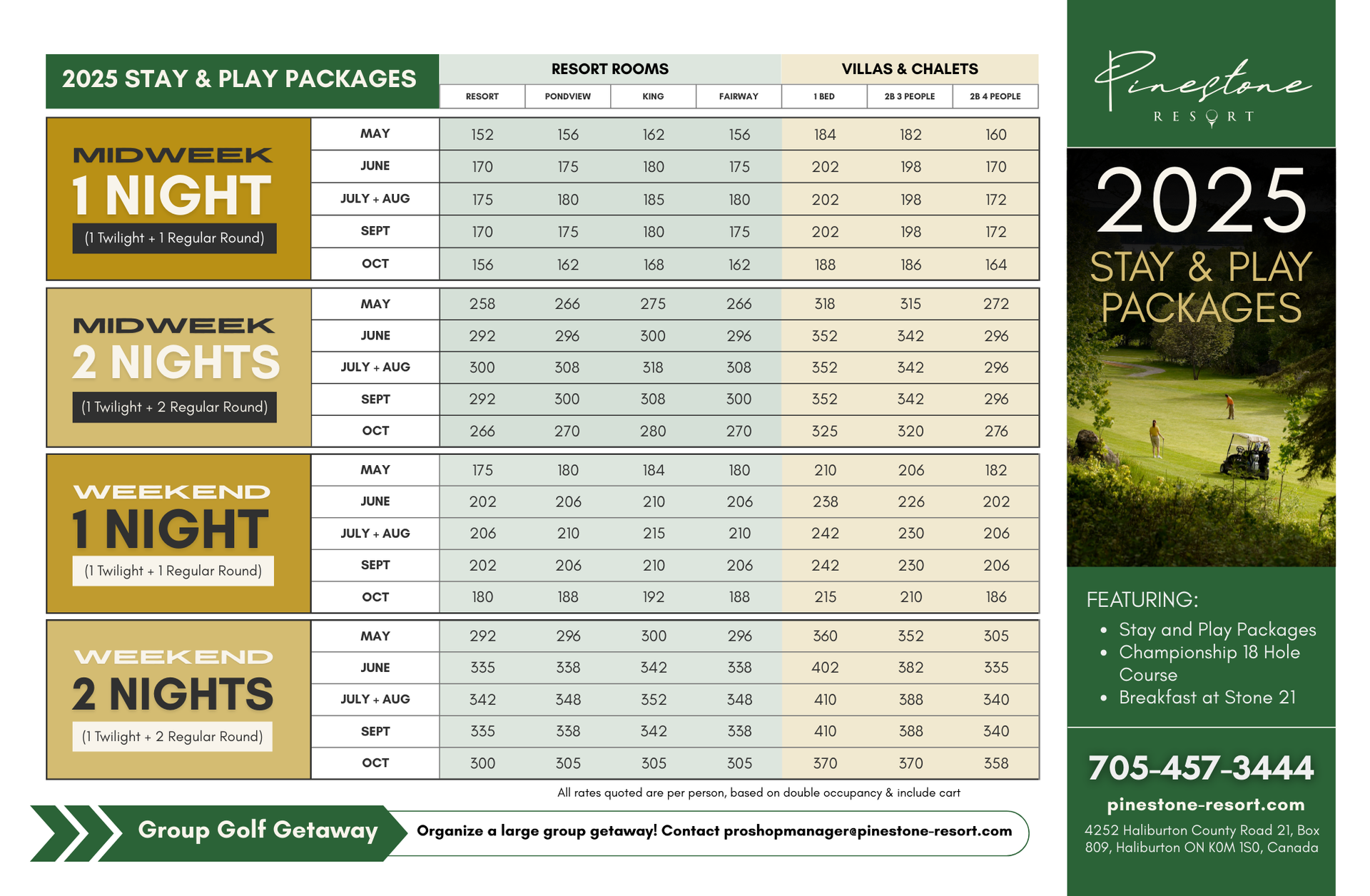 A poster for 2025 stay & play packages