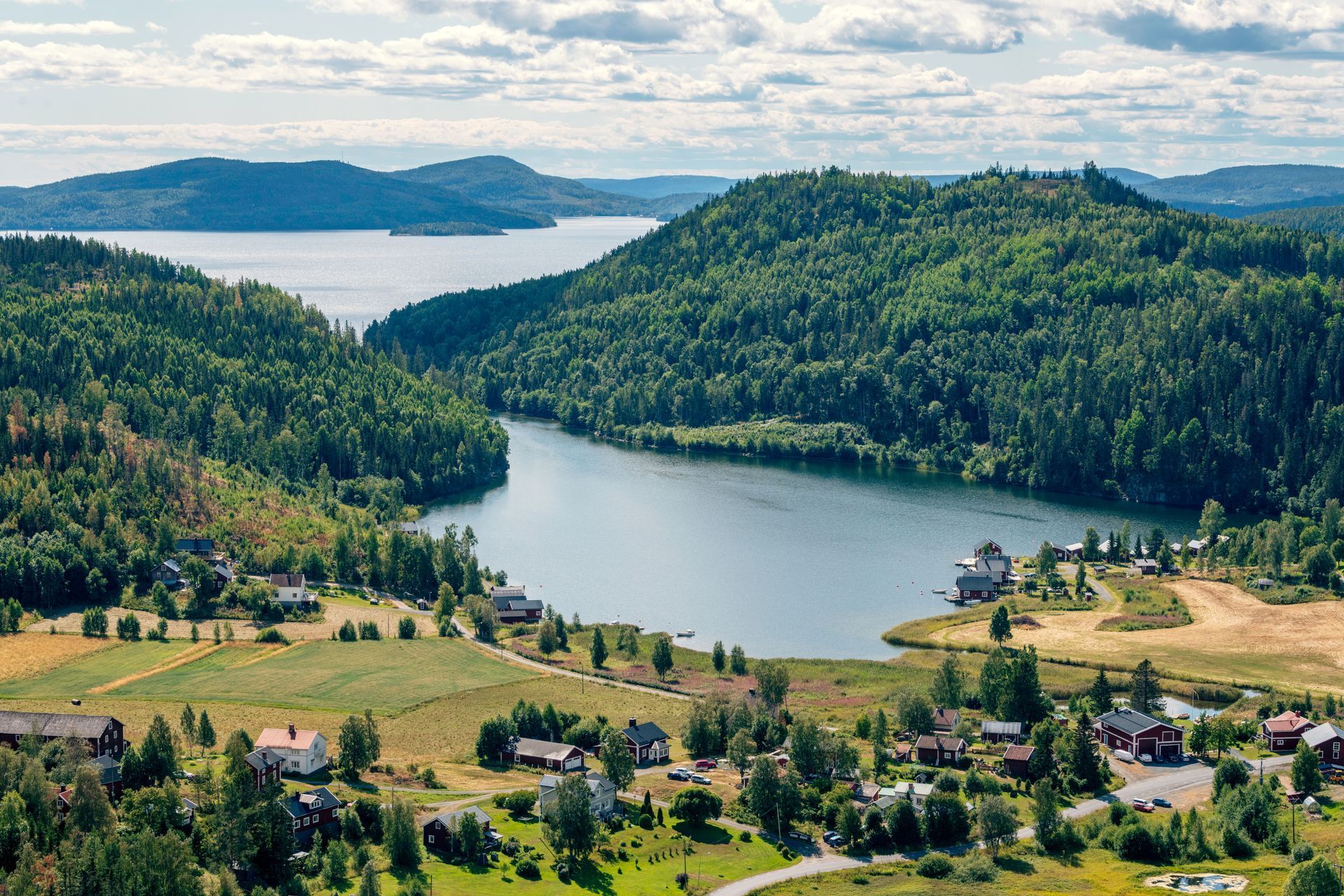 An aerial view of a lake surrounded by mountains and trees.
