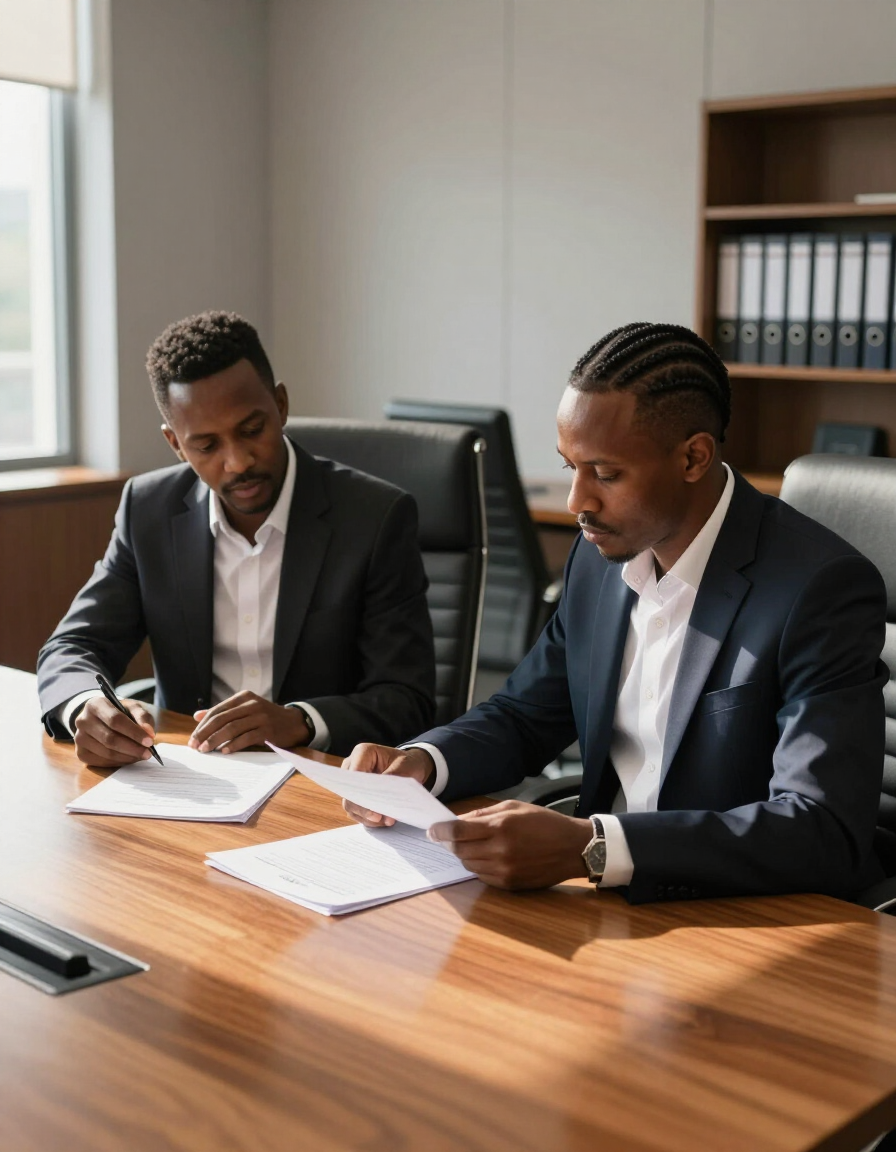 Two professionals reviewing documents at a wooden conference table in an office.