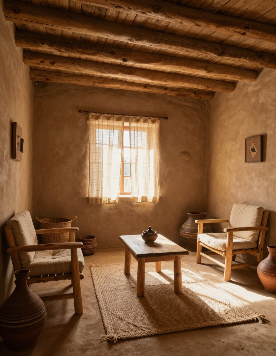 Rustic adobe room with wooden chairs, low table, woven rug, and sunlight through a window.